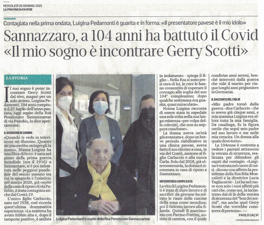 Sannazzaro, a 104 anni sconfigge il Covid «Il mio sogno è incontrare Gerry Scotti»