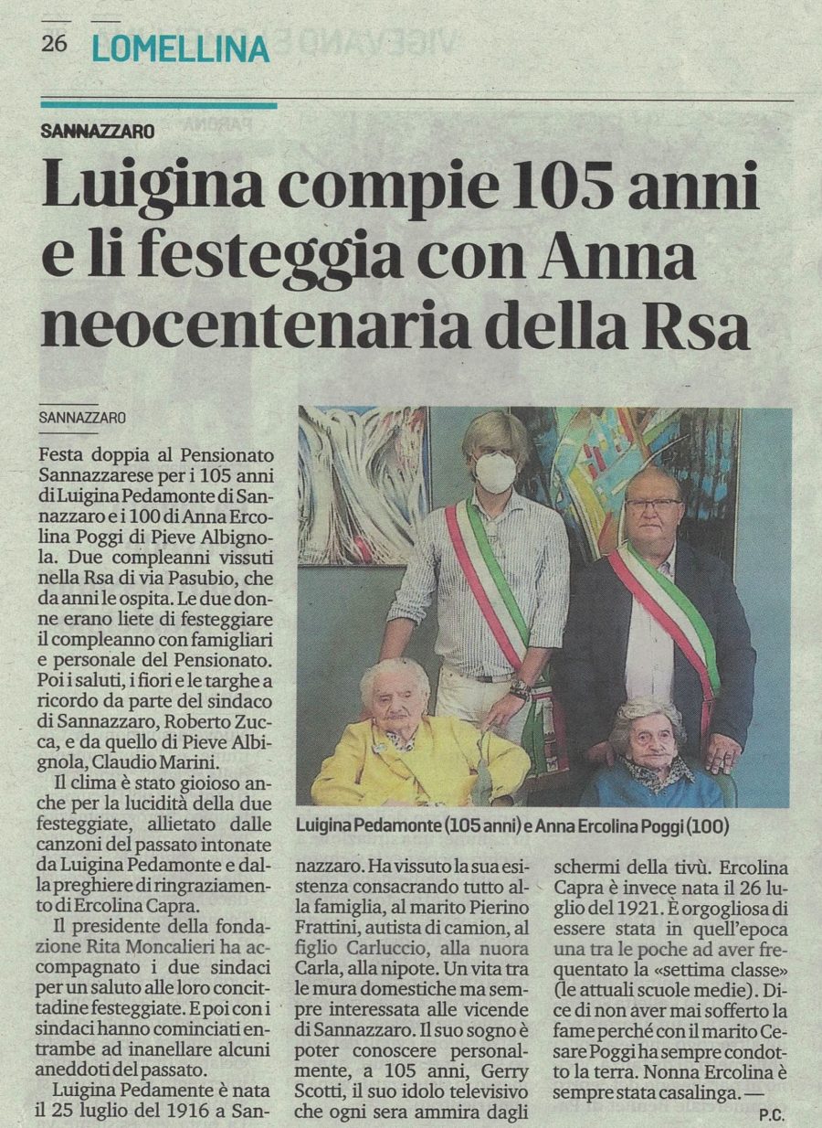 Luigina compie 105 anni e li festeggia con Anna neocentenaria della Rsa